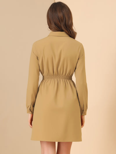 Smocked Waist A-Line Long Sleeve Button-Down Casual Shirt Dress