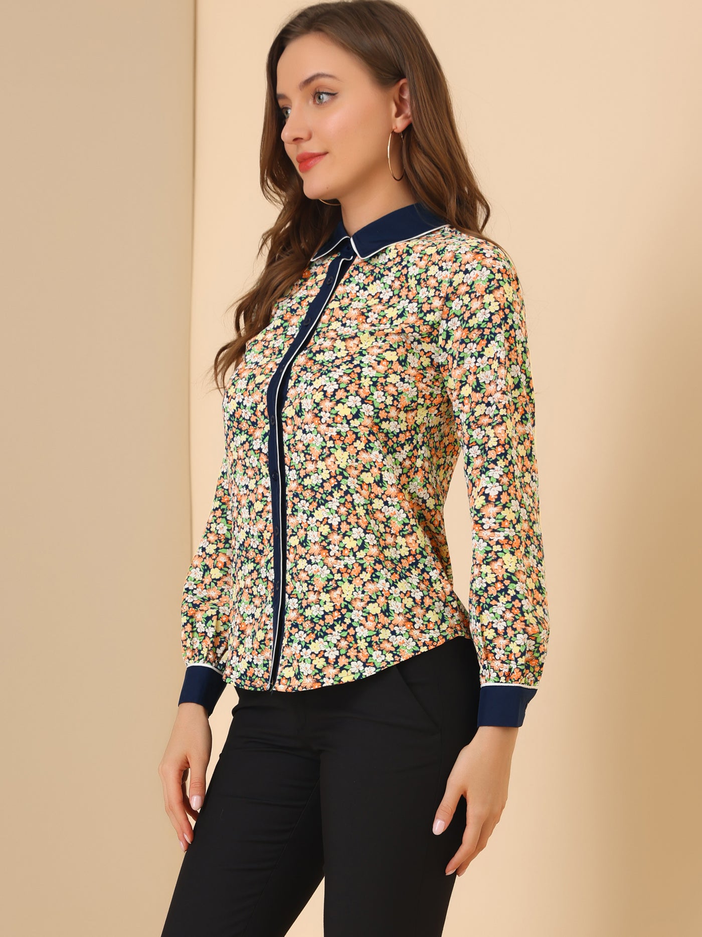 Allegra K Button Down Shirt Long Sleeve Contrast Collar Floral Blouse Top