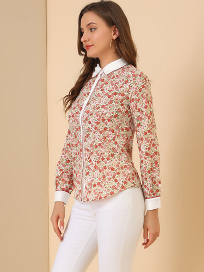Button Down Shirt Long Sleeve Contrast Collar Floral Blouse Top