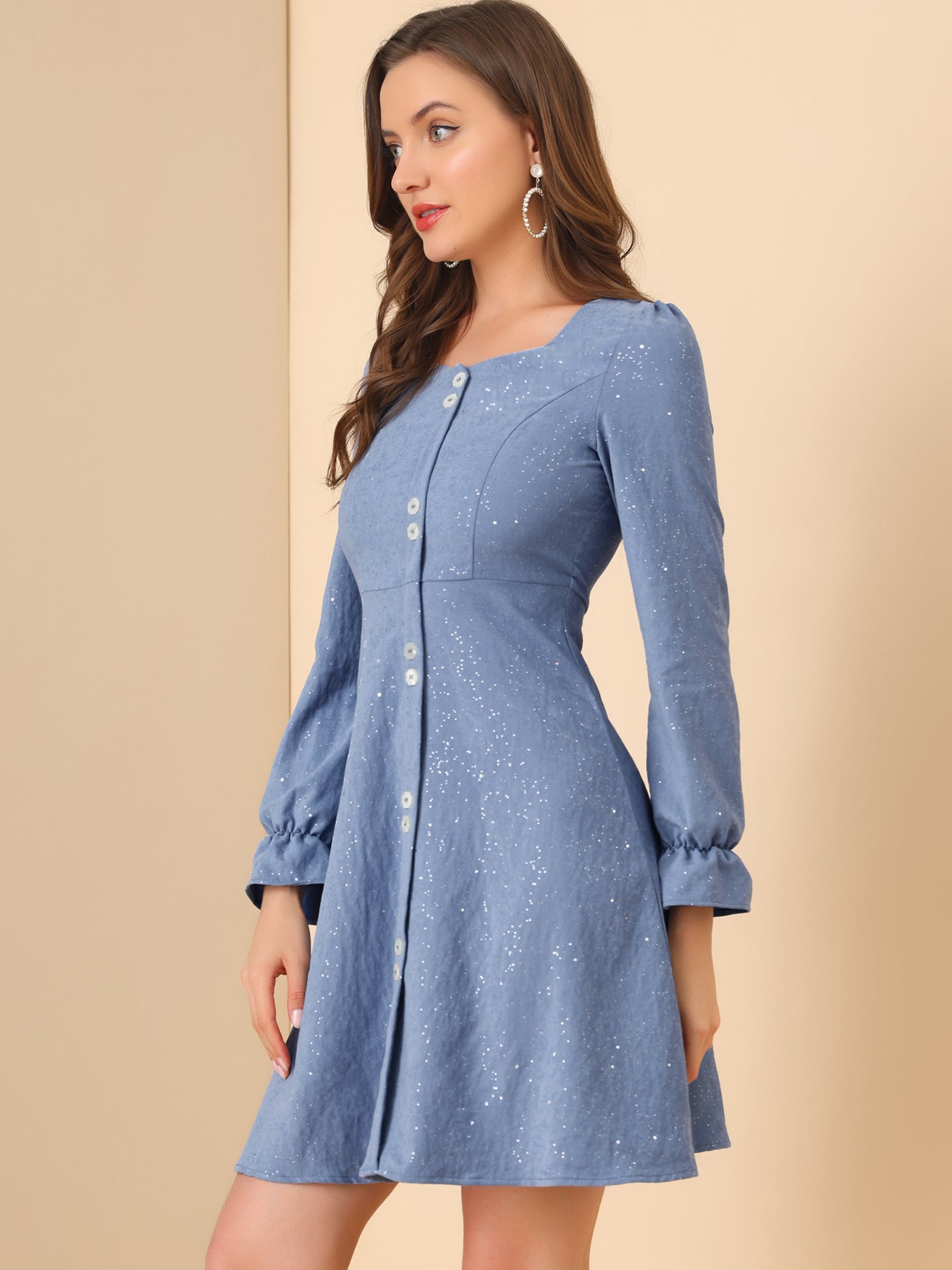 Allegra K Casual Long Cuff Sleeve Square Neck A-line Mini Dress