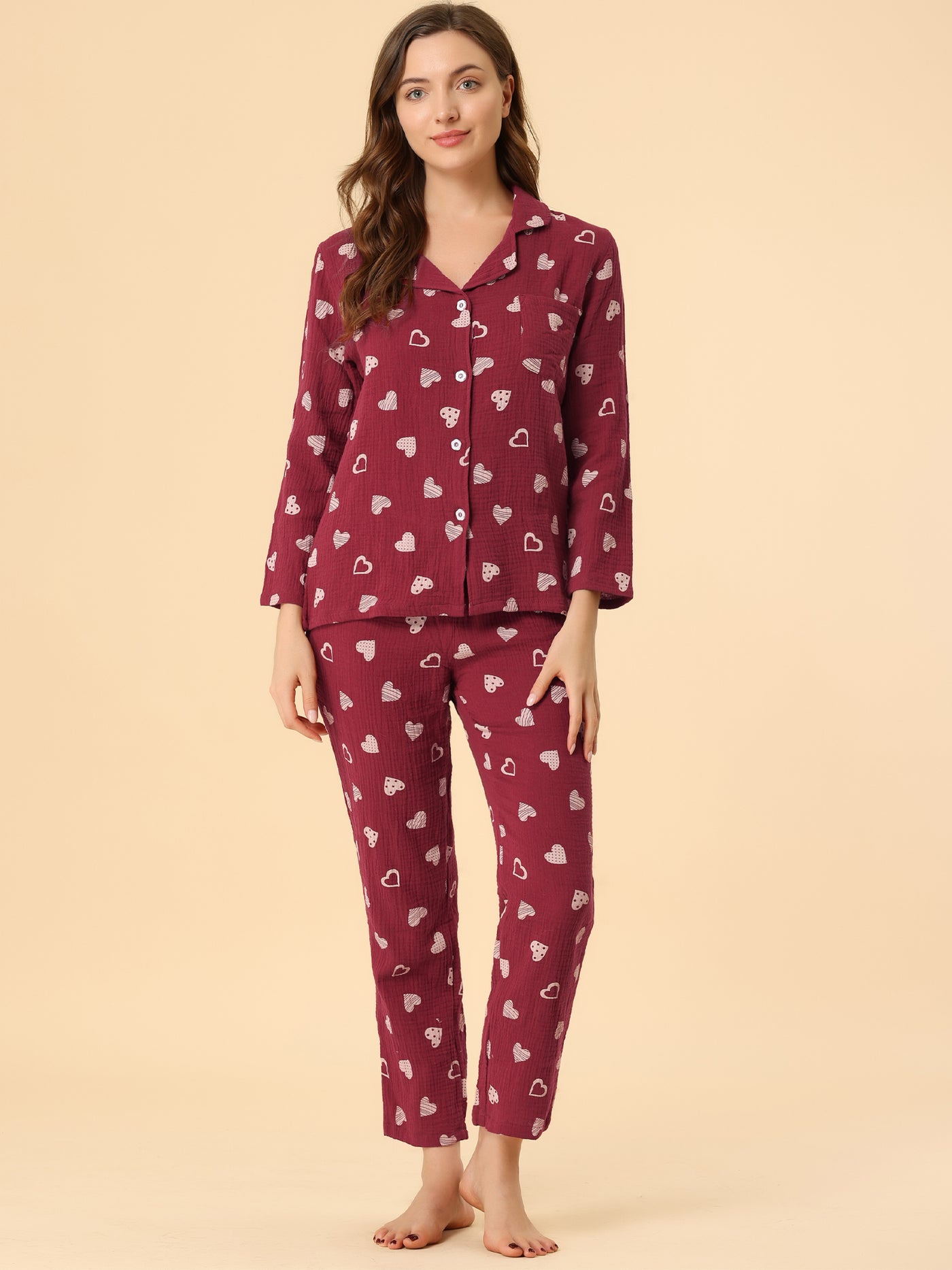 Allegra K Sleepwear Heart Lounge Button Down Nightwear 2pcs Pajama Sets
