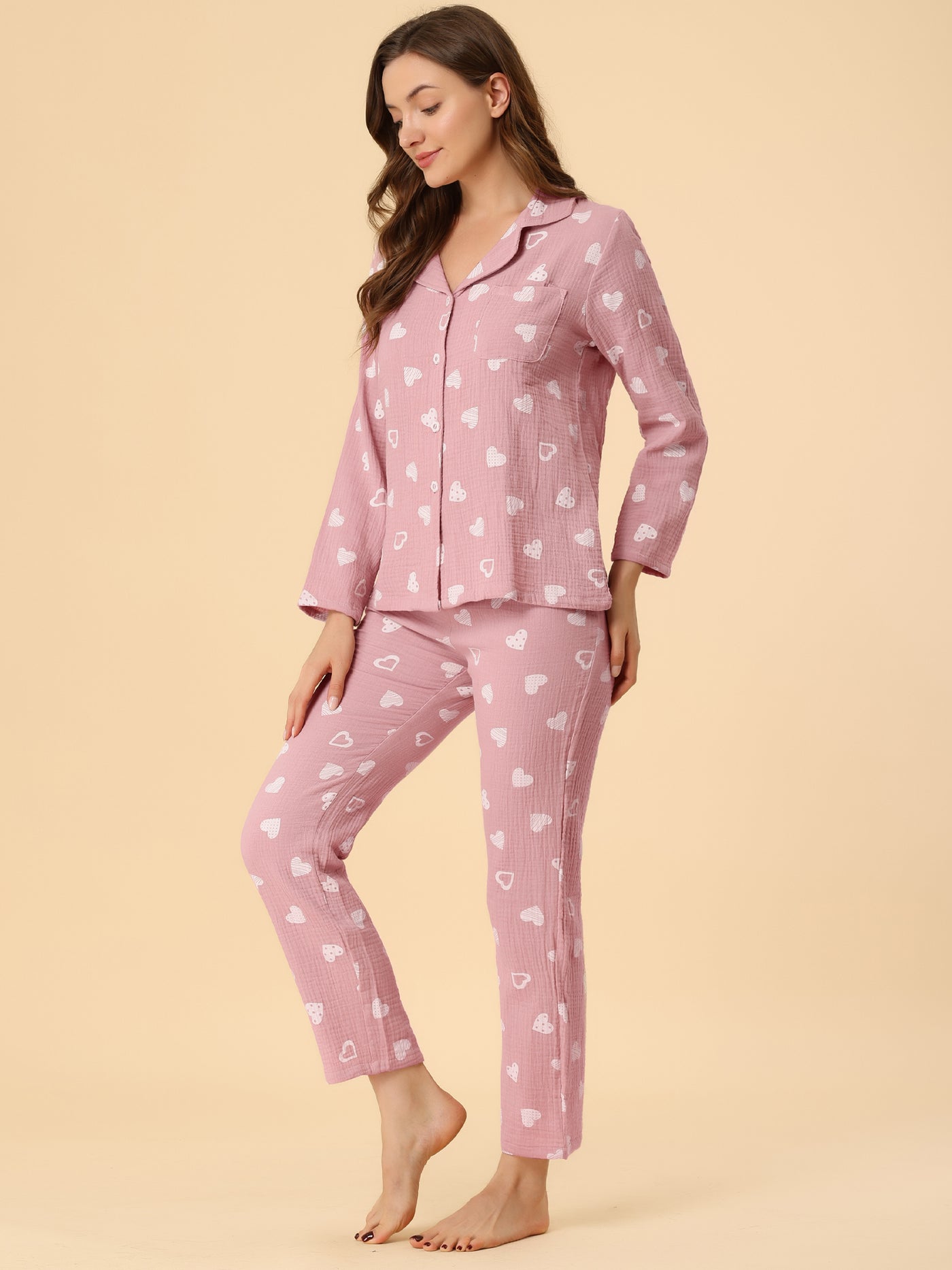 Allegra K Sleepwear Heart Lounge Button Down Nightwear 2pcs Pajama Sets