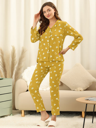 Sleepwear Heart Lounge Button Down Nightwear 2pcs Pajama Sets