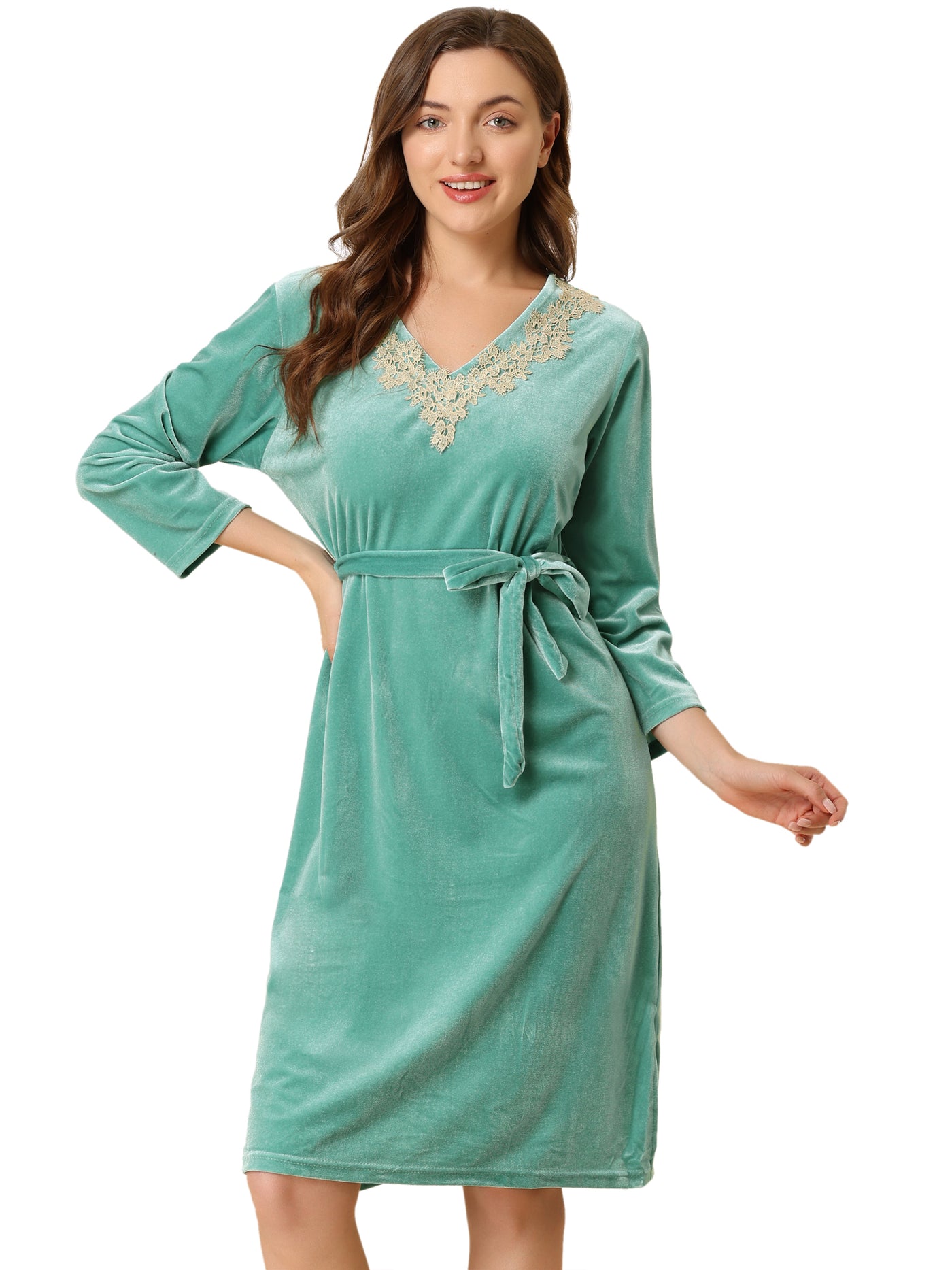 Allegra K Velvet Sleepwear Nightgown V-Neck Sleep Pajama Lounge Dress with Belt