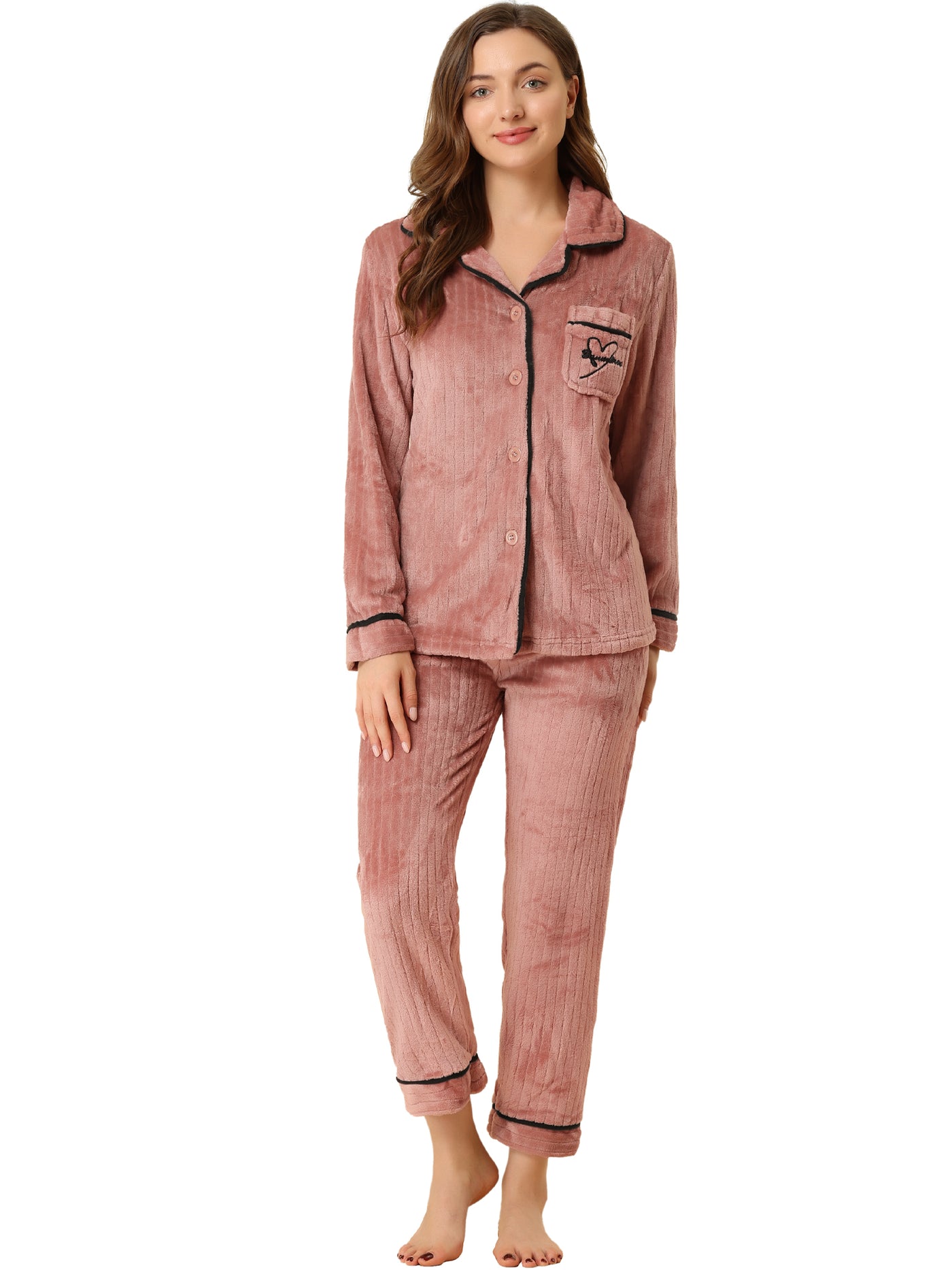 Allegra K Sleepwear Flannel Button Down Lounge Winter Long Sleeve Pajama Sets