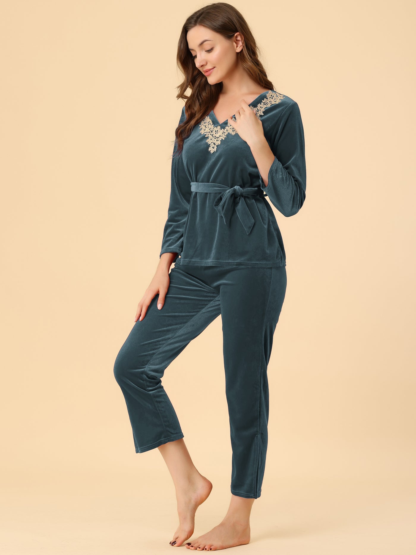 Allegra K Velvet Sleepwear Pajama V-Neck Lace Night Suit with Belted Lounge Set