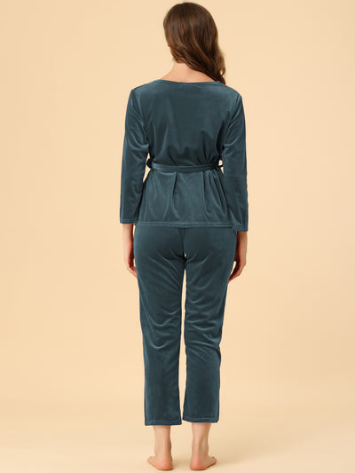 Velvet Sleepwear Pajama V-Neck Lace Night Suit with Belted Lounge Set