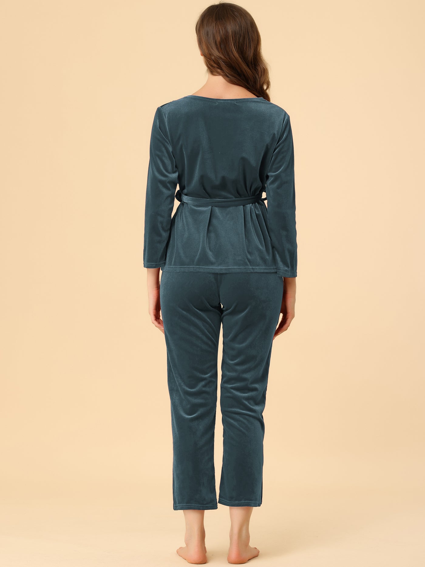 Allegra K Velvet Sleepwear Pajama V-Neck Lace Night Suit with Belted Lounge Set