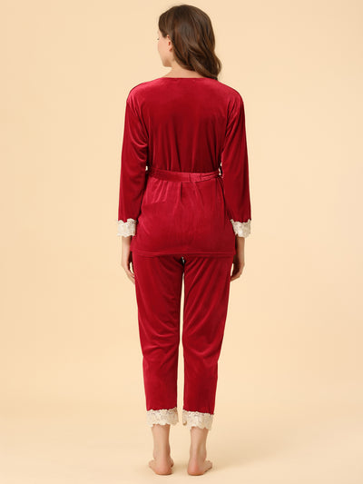Velvet V Neck Lace 3pcs Belted Lounge Pajama Robe Set