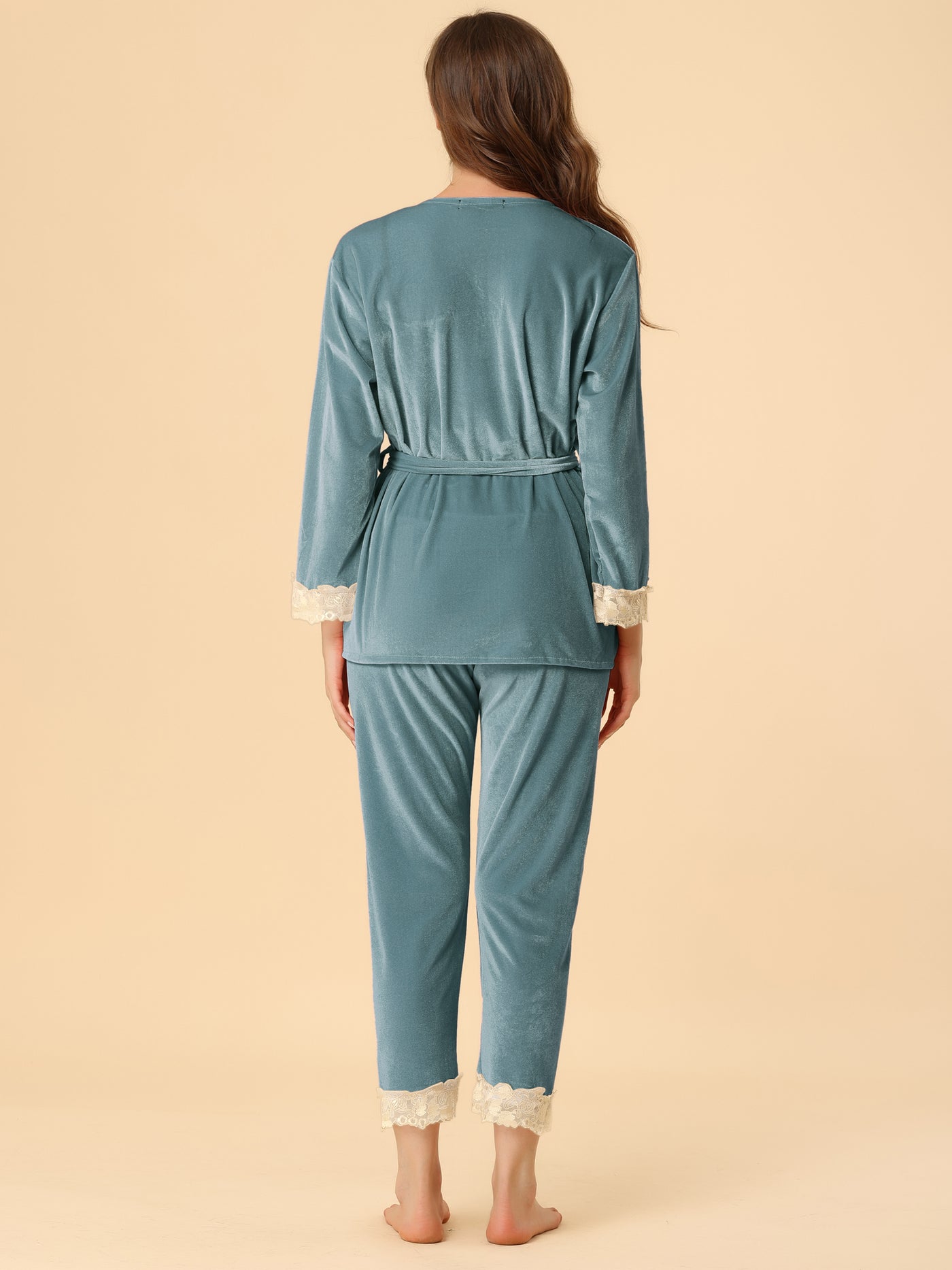 Allegra K Velvet V Neck Lace 3pcs Belted Lounge Pajama Robe Set