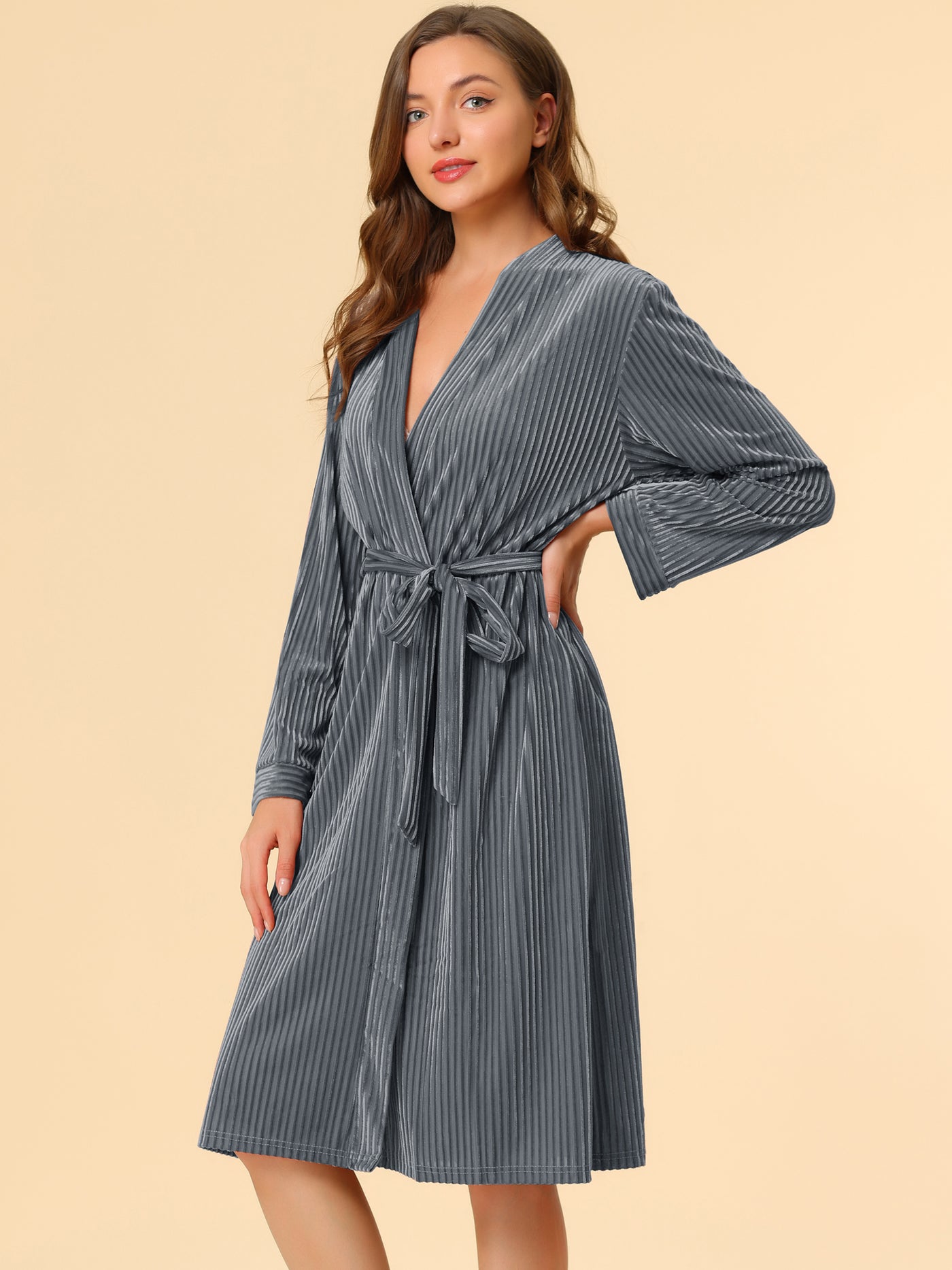 Allegra K Velvet Bathrobe Soft Lounge Pajamas Sleepwear Tie Waist Flannel Robe