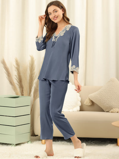 Satin Sleepwear Night Suit V Neck Lace Nightwear Lounge Pajama Set