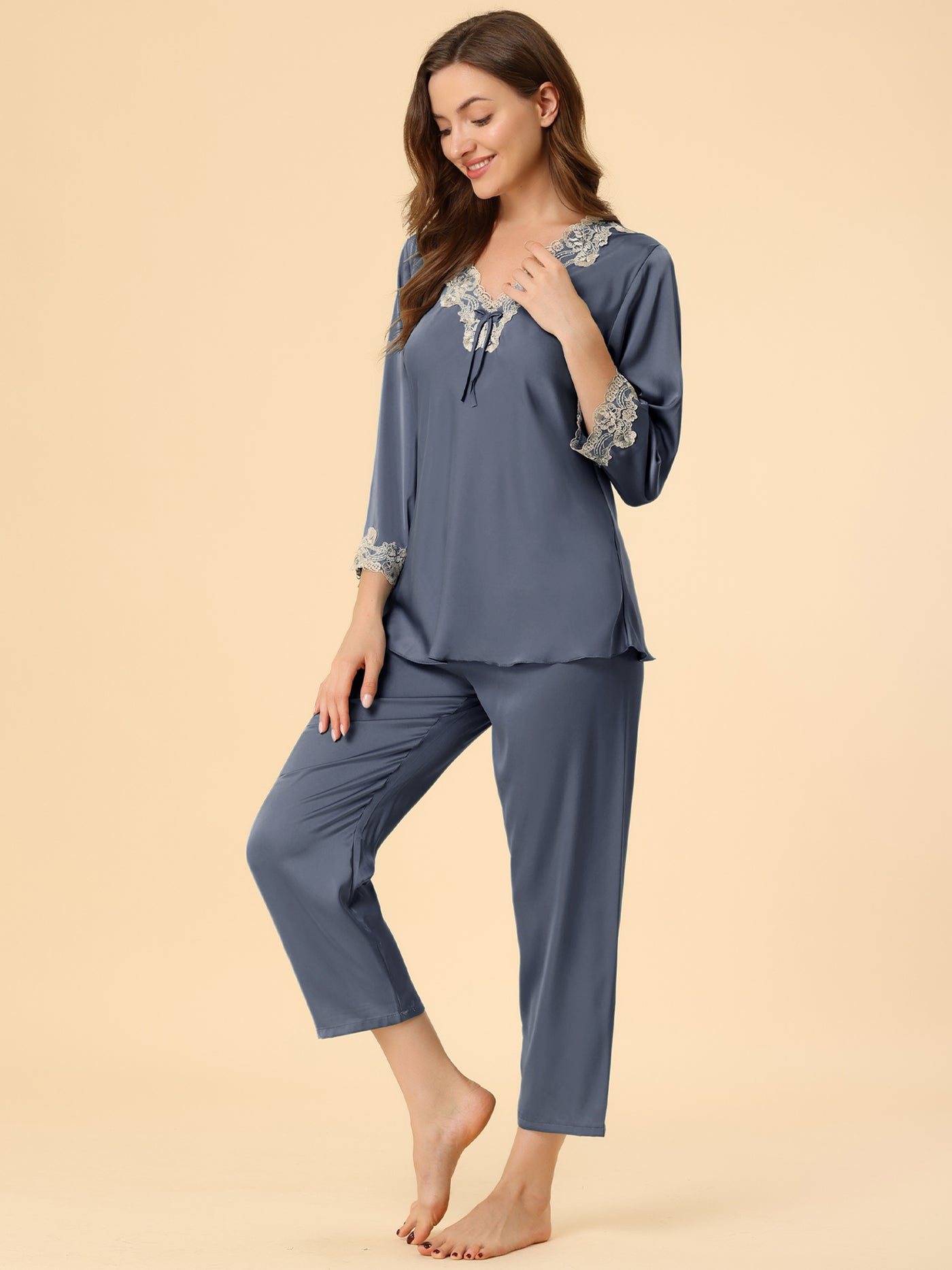 Allegra K Satin Sleepwear Night Suit V Neck Lace Nightwear Lounge Pajama Set