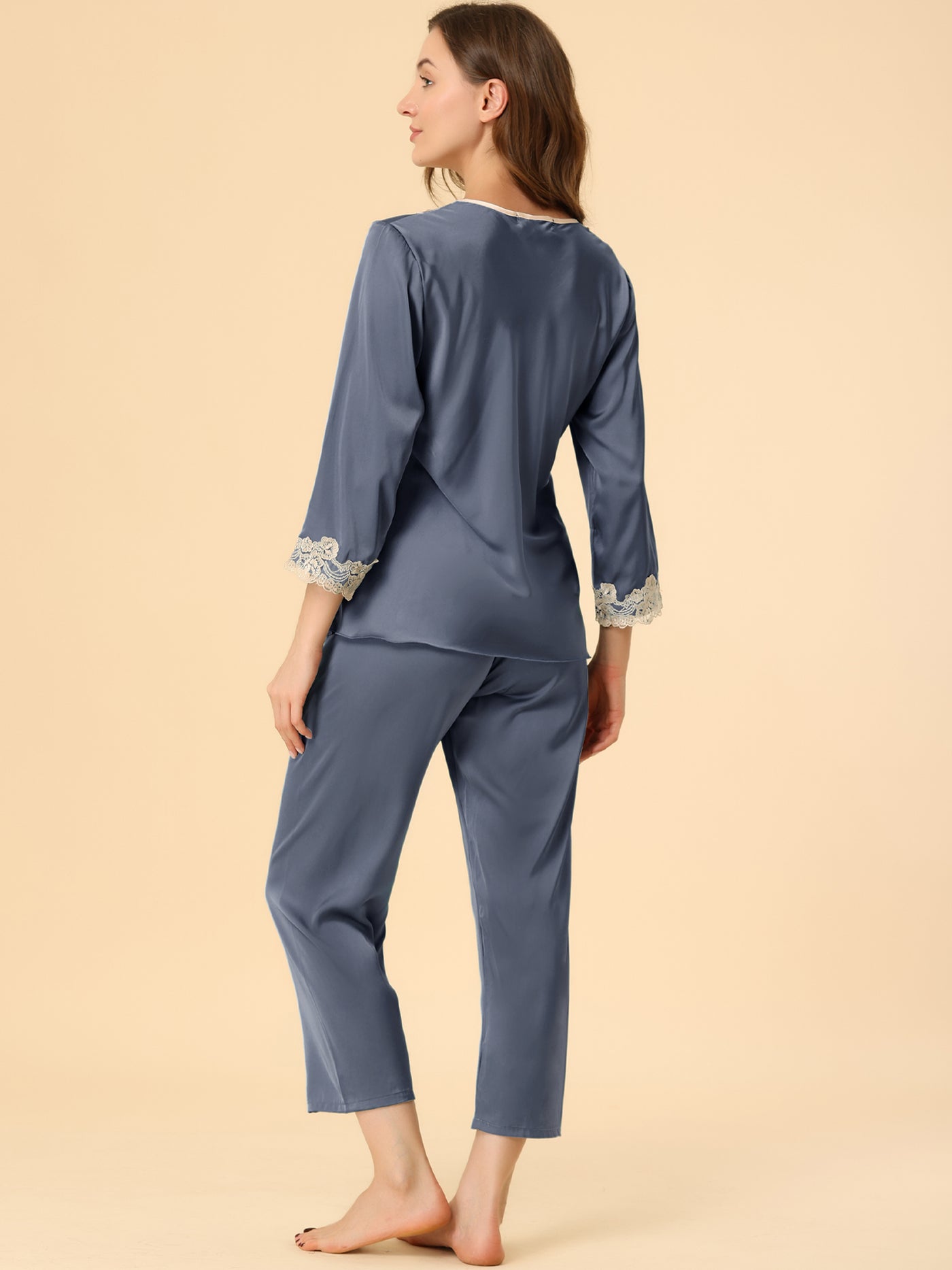Allegra K Satin Sleepwear Night Suit V Neck Lace Nightwear Lounge Pajama Set