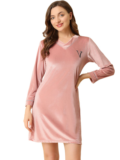 Velvet Pajama Dress V Neck Soft Lounge Nightshirt Sleepwear Nightgown