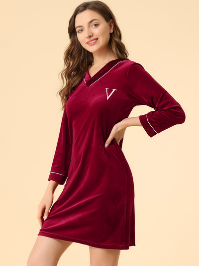 Velvet Pajama Dress V Neck Soft Lounge Nightshirt Sleepwear Nightgown
