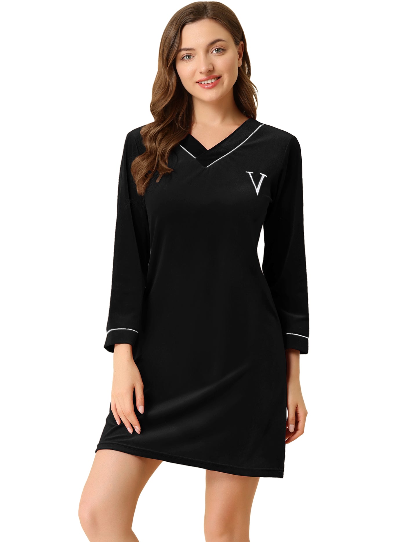 Allegra K Velvet Pajama Dress V Neck Soft Lounge Nightshirt Sleepwear Nightgown