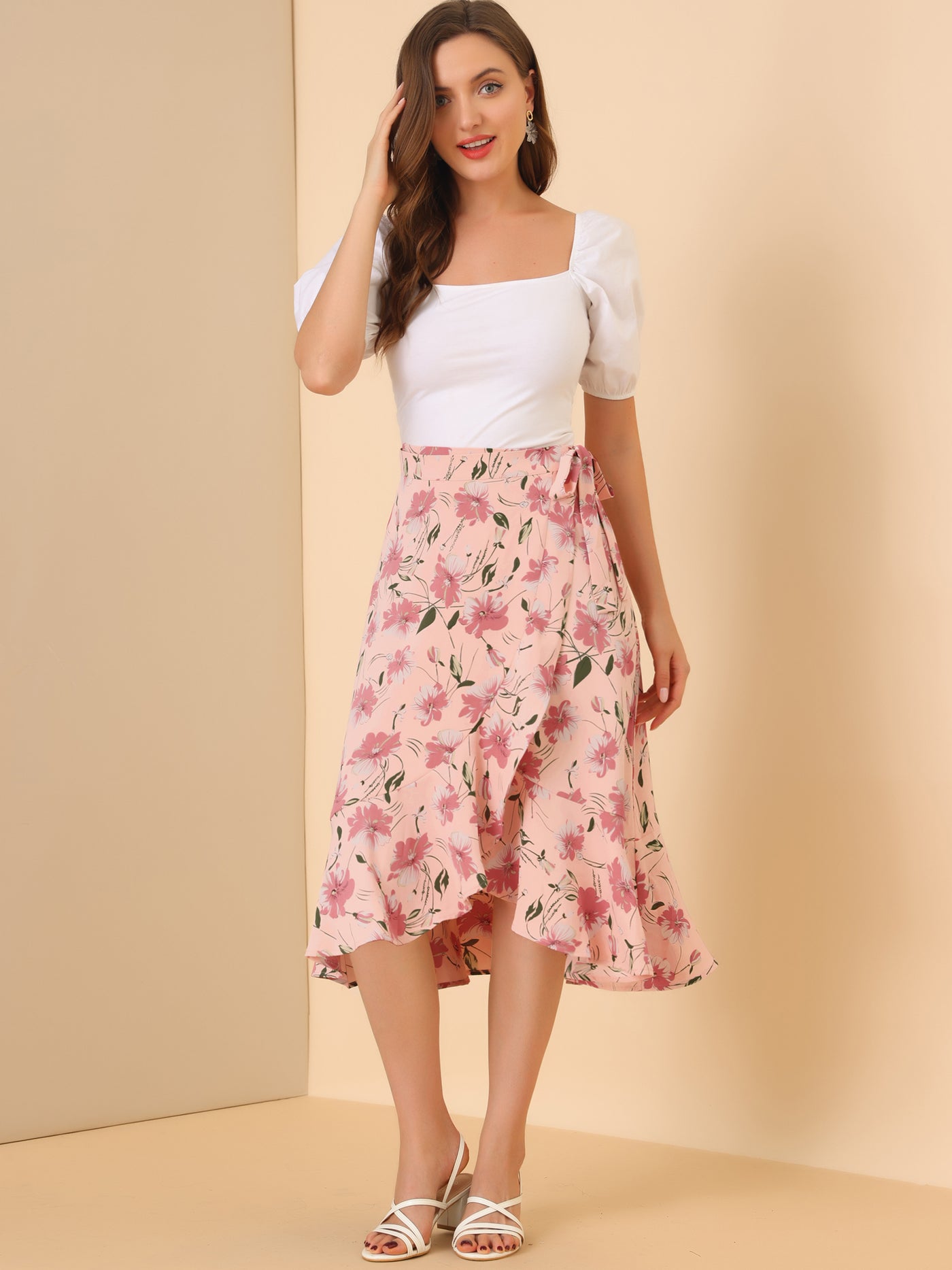 Allegra K Ruffle Wrap Tie Knot High-Low Split Midi Floral Skirt