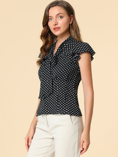 Summer Polka Dots Top Bow Tie V Neck Ruffled Cap Sleeve Office Blouse