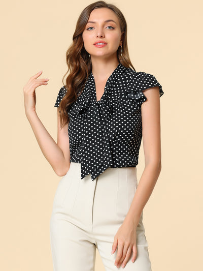Summer Polka Dots Top Bow Tie V Neck Ruffled Cap Sleeve Office Blouse