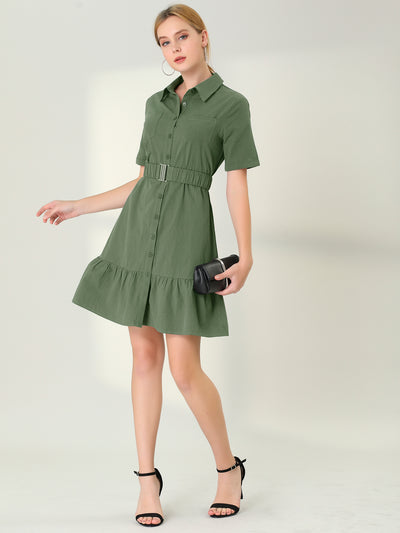 Safari Button-Down Shift Belted Ruffle Cotton Office Shirt Dress