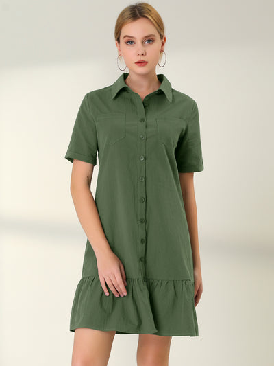 Safari Button-Down Shift Belted Ruffle Cotton Office Shirt Dress