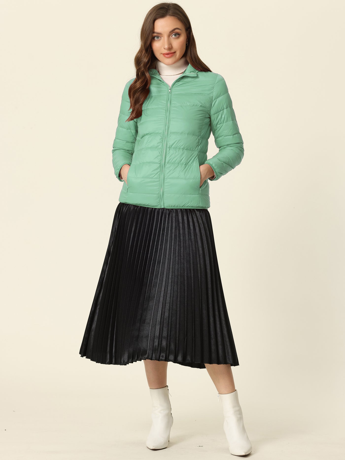 Allegra K Hooded Packable Long Sleeve Zip Up Down Winter Lightweight Jacket