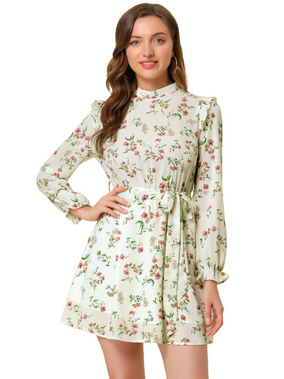 Ruffled Trim Stand Collar Belted Vintage Daisy Floral Dress