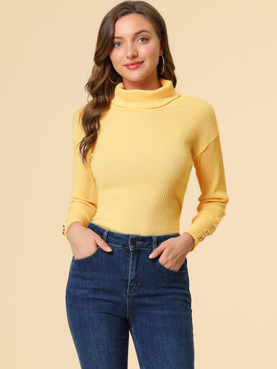 Allegra K Casual Pullover Tops Button Decor Long Sleeve Turtleneck Sweater