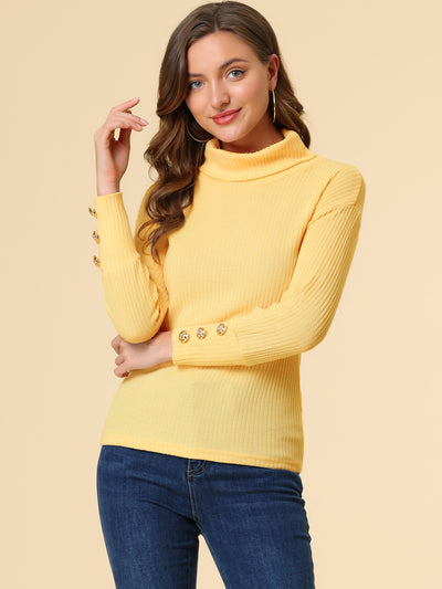 Casual Pullover Tops Button Decor Long Sleeve Turtleneck Sweater