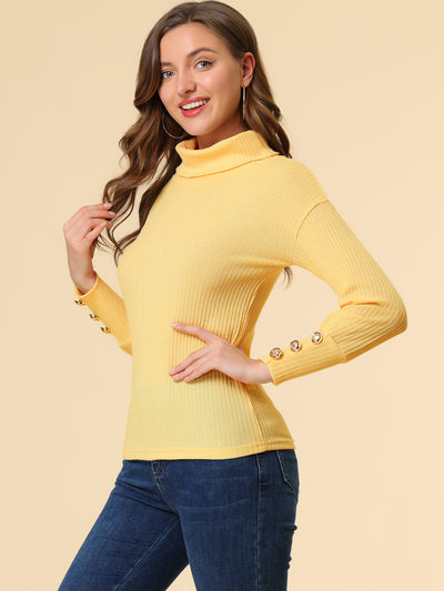 Casual Pullover Tops Button Decor Long Sleeve Turtleneck Sweater