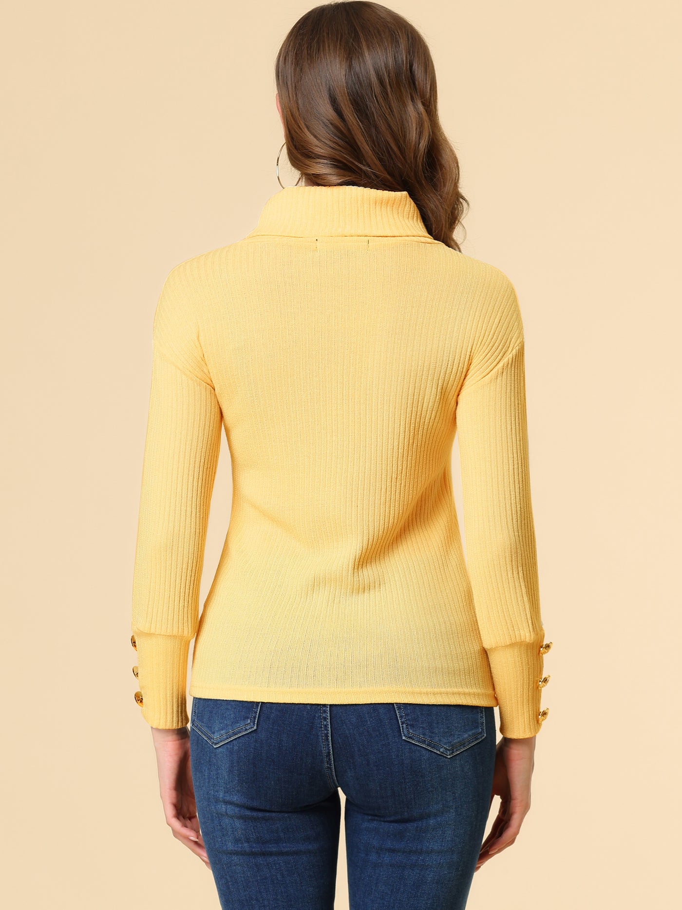 Allegra K Casual Pullover Tops Button Decor Long Sleeve Turtleneck Sweater