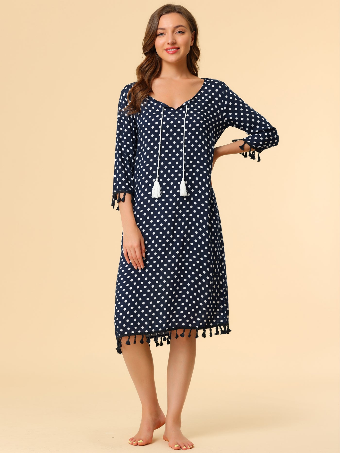 Allegra K Nightgown Sleepwear Polka Dots Tassel 3/4 Sleeve Pajamas Lounge Dress
