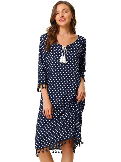 Nightgown Sleepwear Polka Dots Tassel 3/4 Sleeve Pajamas Lounge Dress