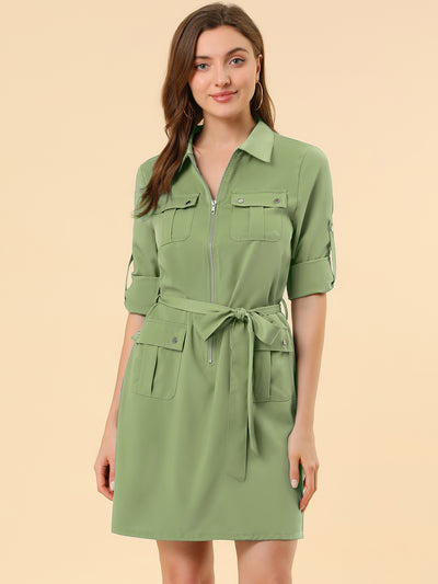 Roll Up Sleeve Multi-Pocket Safari Belted Collared Shirt Dress