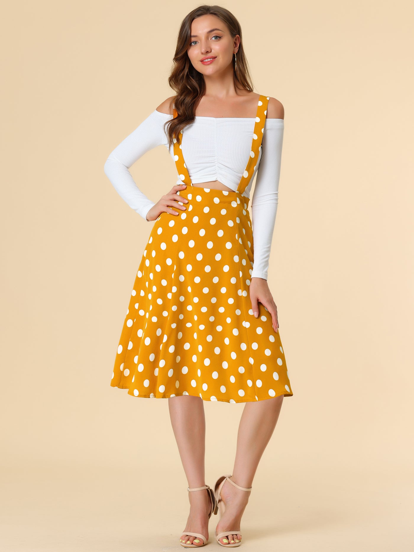 Allegra K Vintage Suspender 1950s Polka Dots Flowy Midi Skirt