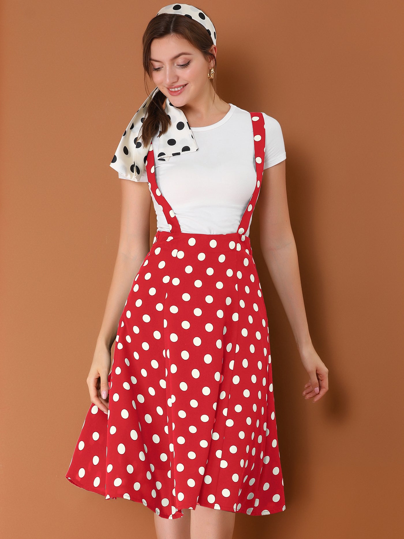 Allegra K Vintage Suspender 1950s Polka Dots Flowy Midi Skirt
