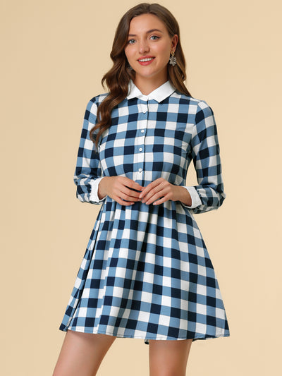 Casual Grid Plaid Long Sleeve Contrast Color Collared Shirt Dress