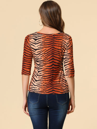 Elbow Sleeve Round Neck Casual Animal Printed T-Shirt