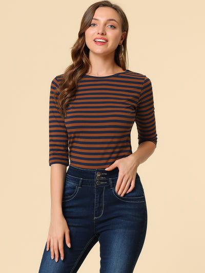 Casual Elbow Sleeve Round Neck Striped Printed T-Shirt