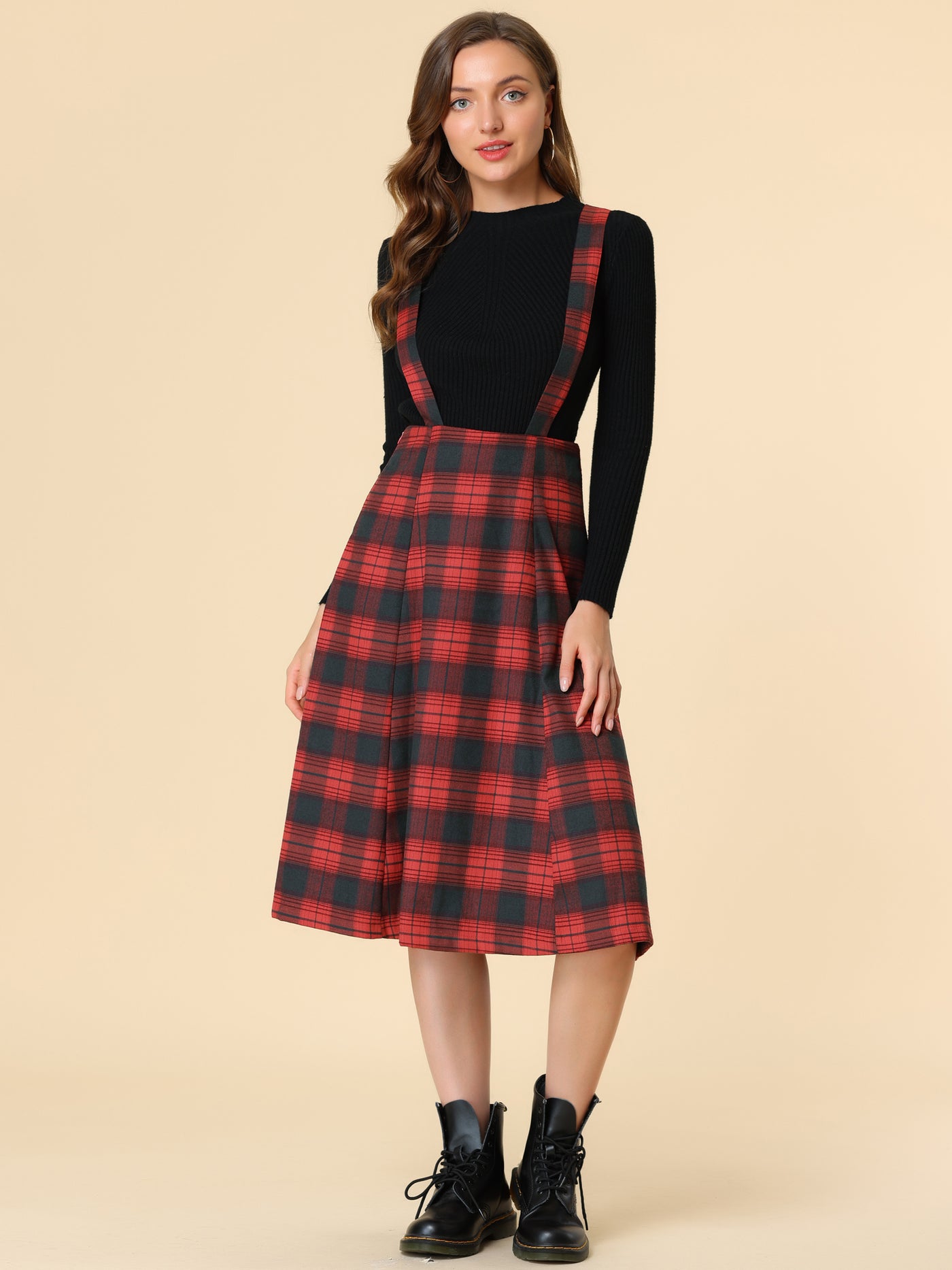 Allegra K Plaid Overall Dress High Waist A-Line Tartan Suspender Midi Skirt