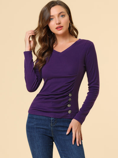 Button Decor V Neck Knit Casual Ruched Long Sleeve Blouse Top