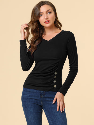 Button Decor V Neck Knit Casual Ruched Long Sleeve Blouse Top