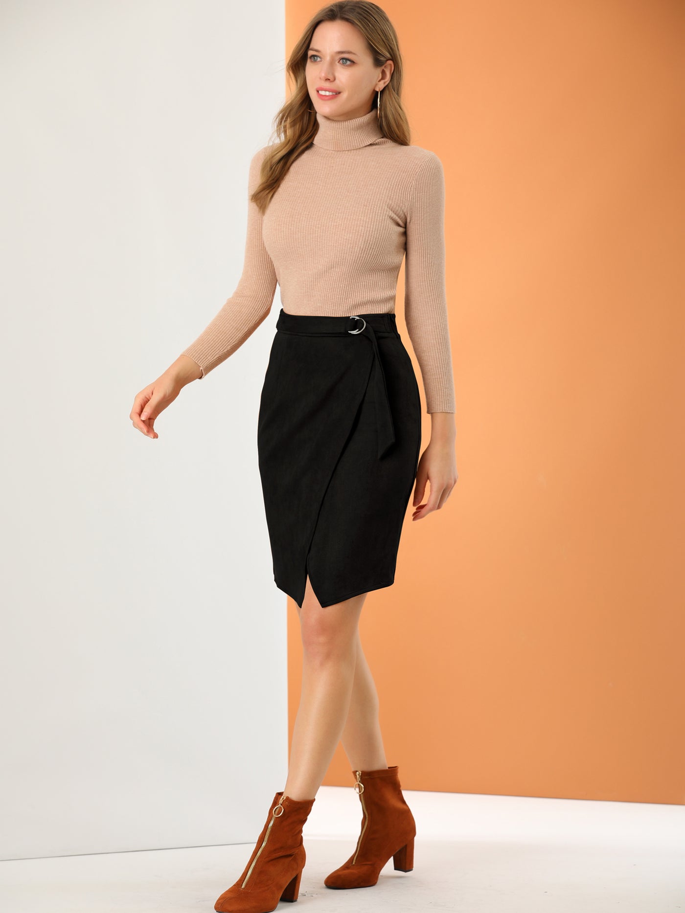 Allegra K A-Line Knee Length Front Slit Wrap Faux Suede Skirt