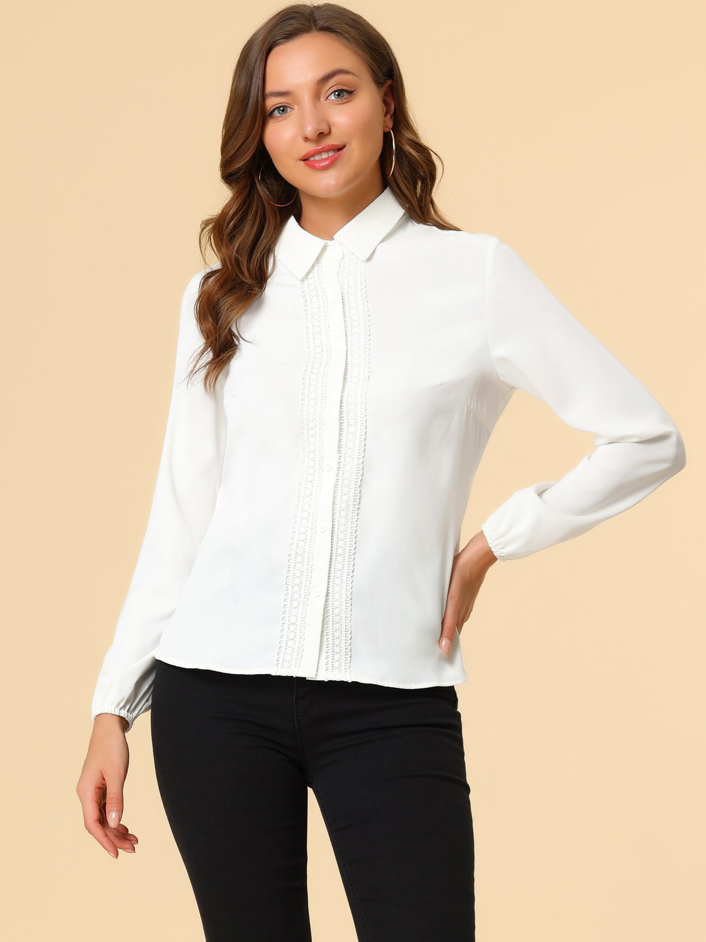 Allegra K Button Down Shirt Lace Trim Long Sleeve Collared Work Blouse Top