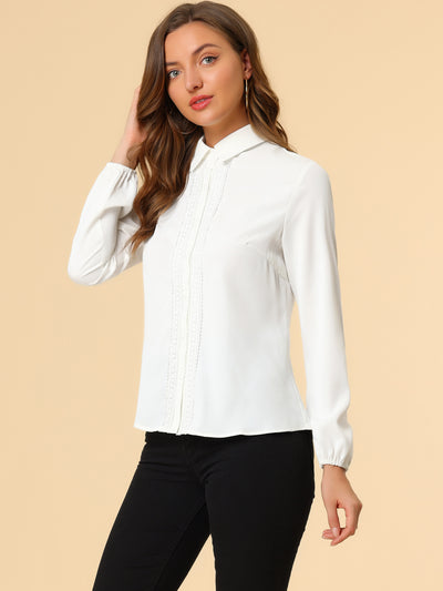 Button Down Shirt Lace Trim Long Sleeve Collared Work Blouse Top