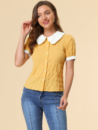 Allegra K Summer Short Sleeve Shirt Contrast Collar Button Down Blouse Tops