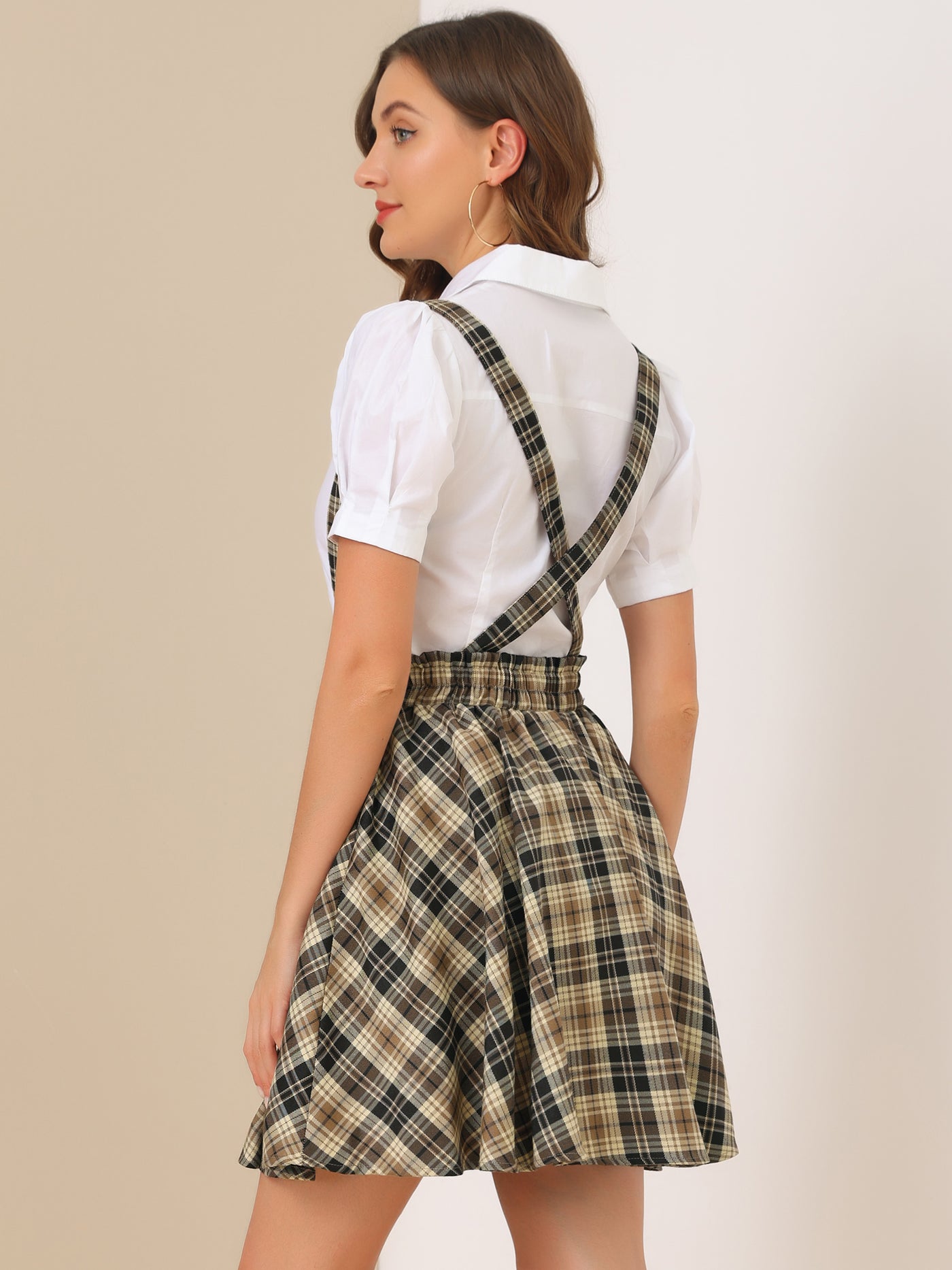 Allegra K Plaid Pleated Mini Tartan Overall Skater Suspender Skirt