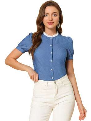 Puff Sleeve Stand Collar Tops Button Down Chambray Shirt
