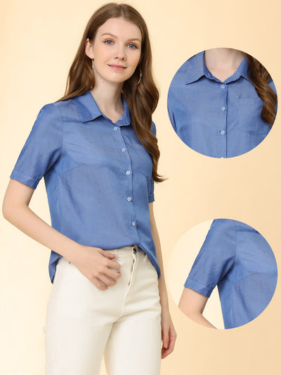 Button Down Shirt for Chambray Work Point Collar Denim Tops Blouse